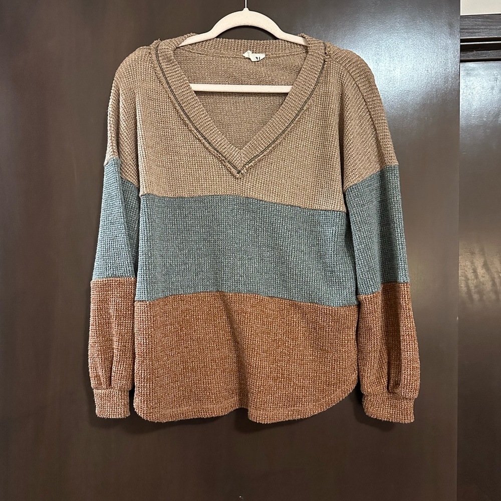 BiBi Color Block V-Neck Sweater - Tan, Blue, Brown